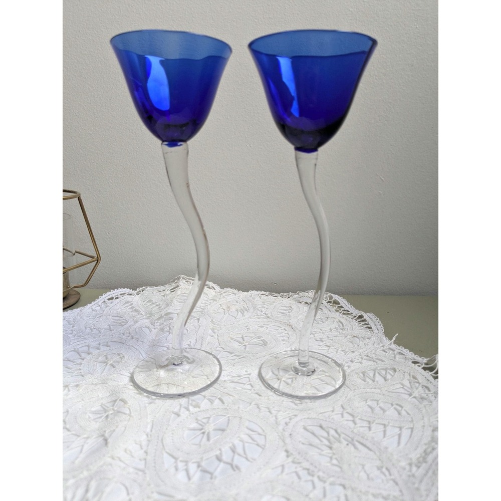 Vintage Cobalt Blue Wine Glasses Set of 2, Twisted‎ Stem Goblets, Retro Barware,